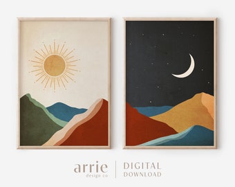 May include: Two digital prints of a mountain landscape with a sun and moon. The sun print has a beige background with a yellow sun and a mountain range in shades of green, blue, and red. The moon print has a dark blue background with a white crescent moon and a mountain range in shades of red, yellow, blue, and green.