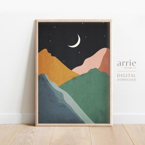 Arte da parede da montanha da lua, pôster de quarto moderno, impressão de paisagem de montanha, estampas boho, arte abstrata colorida, DOWNLOAD DIGITAL