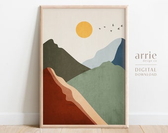 Boho Mountain Wall Art, Sun Landscape Art Print, Minimalistische Bergmuurkunst, Sun Mountains Poster, Cabin Wall Decor, Digitale afdrukbare kunst