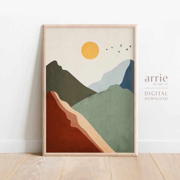 Boho Mountain Wall Art, Sun Landscape Art Print, Minimalist Mountain Wall Art, Sun Mountains Poster, Cabin Wall Decor, Digital Printable Art