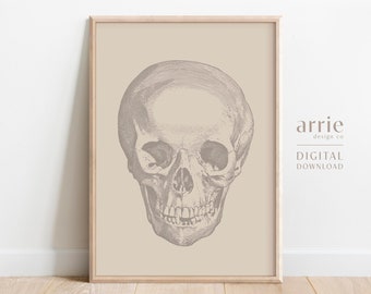 Arte de la pared del cráneo imprimible, impresión mínima del cráneo, cartel del cráneo humano vintage, decoración gótica del hogar, decoración simple de Halloween, DESCARGA DIGITAL