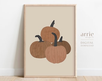 Dynie do druku na ścianie, Jesienny nadruk z dynią, Halloween w stylu Cottagecore, Jesienna sztuka ścienna, Nowoczesny, neutralny wystrój domu na jesień, POBIERANIE CYFROWE