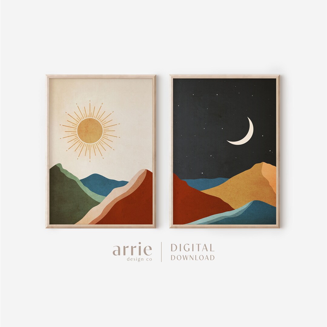 Sun and Moon Boho Art Set of 2, Mountain Wall Art, Modern Bedroom Decor ...