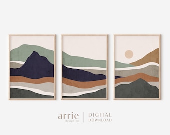 Calm Mountains Wall Art Set of 3, Sun Mountain Printable Art, Mid Century Modern Prints, Boho Landscape Art, Cabin Decor, DIGITAL DOWNLOAD
