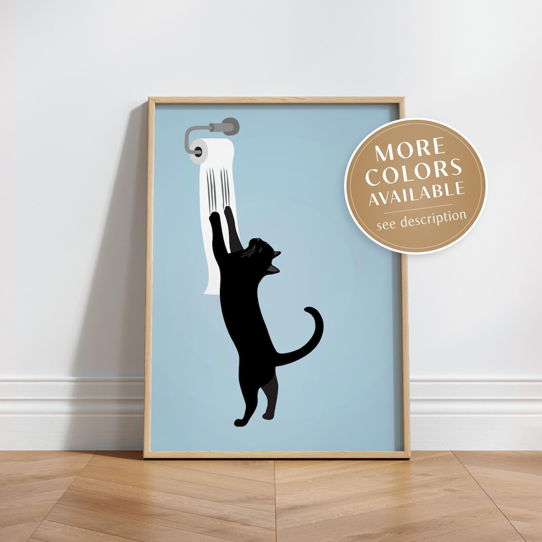 Bathroom Cat Wall Art, Black Cat Toilet Paper Art, Funny Bathroom Print ...