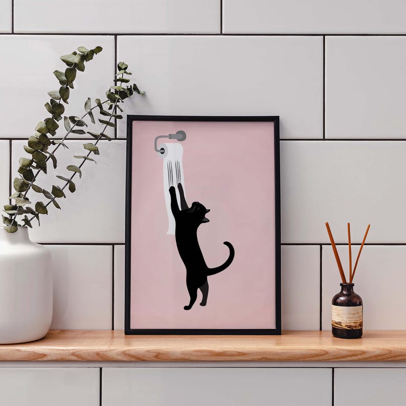 Bathroom Cat Wall Art Print, Black Cat Toilet Paper, Funny Bathroom ...