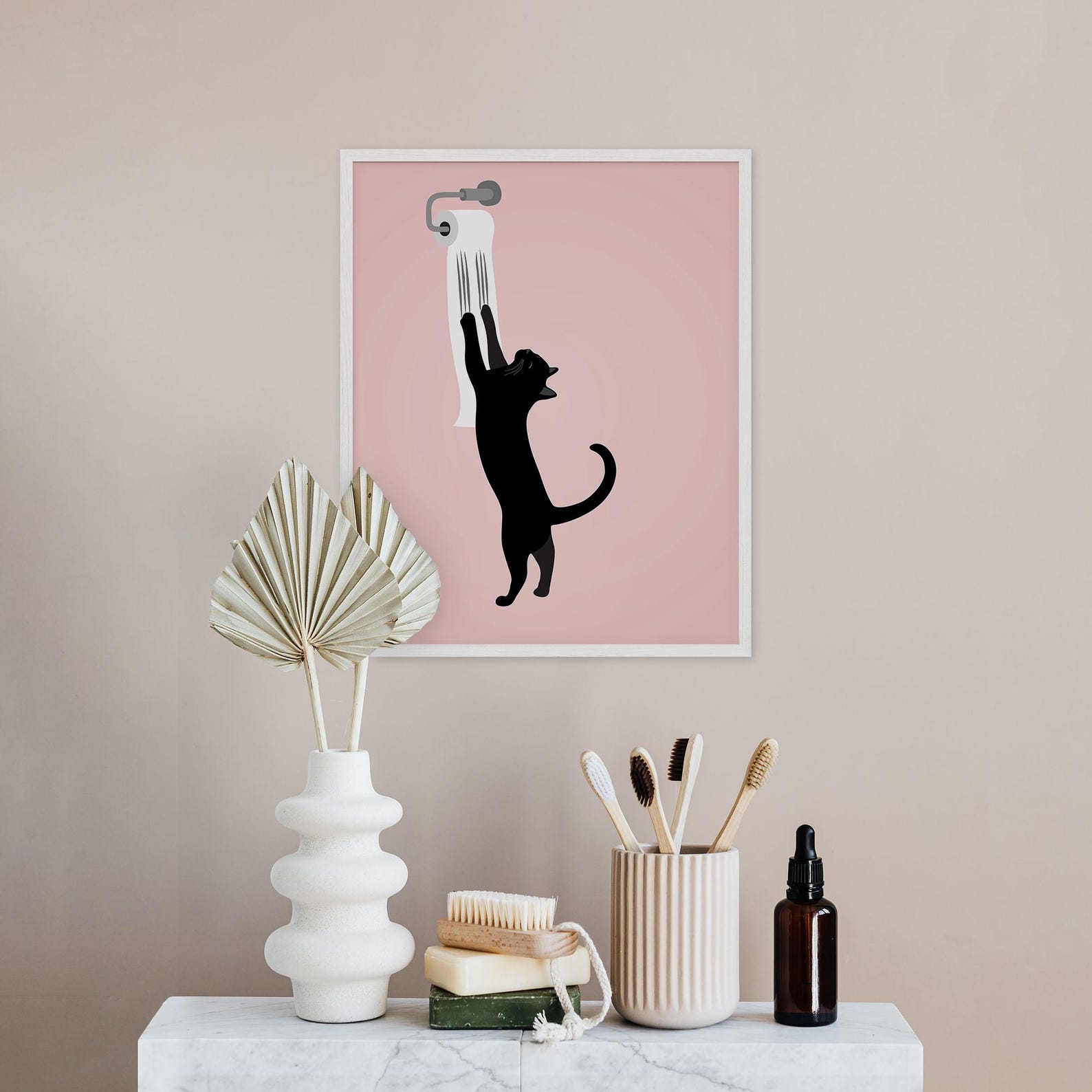 Bathroom Cat Wall Art Print, Black Cat Toilet Paper, Funny Bathroom ...