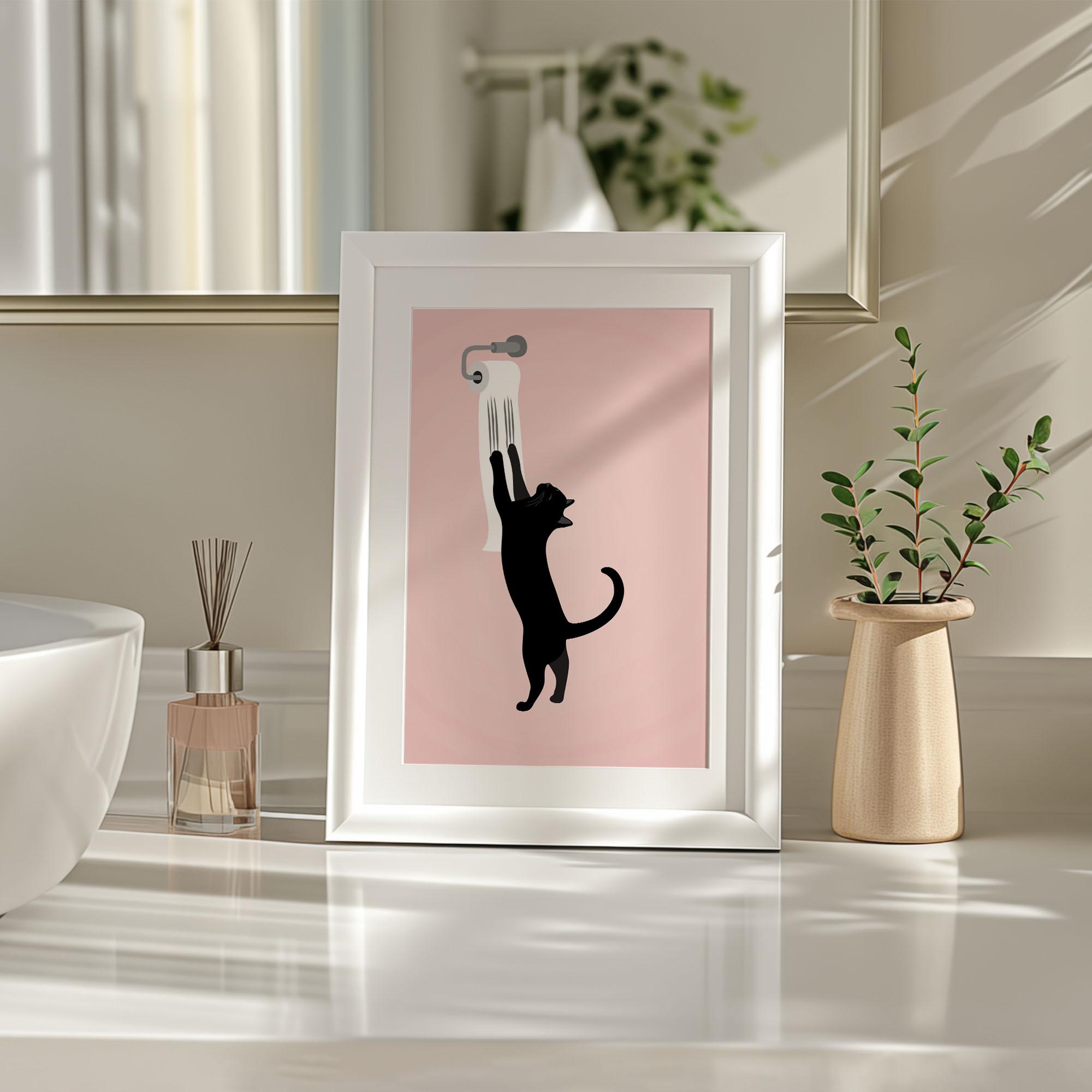 Bathroom Cat Wall Art Print, Black Cat Toilet Paper, Funny Bathroom ...