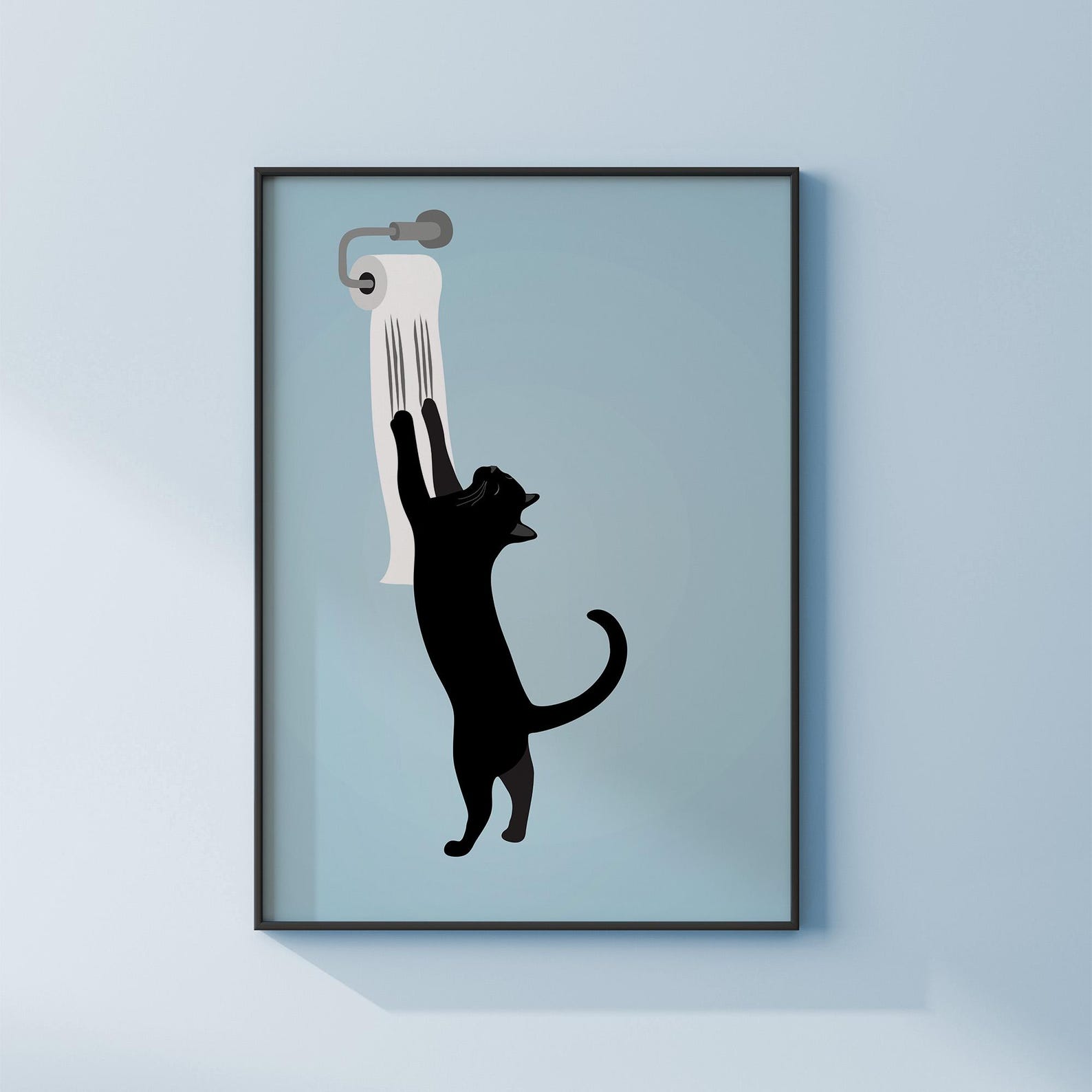 Bathroom Cat Wall Art, Black Cat Toilet Paper Art, Funny Bathroom Print ...