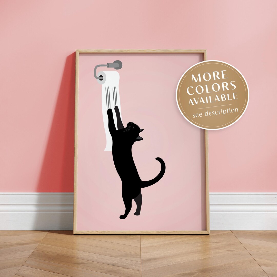 Bathroom Cat Wall Art Print, Black Cat Toilet Paper, Funny Bathroom ...