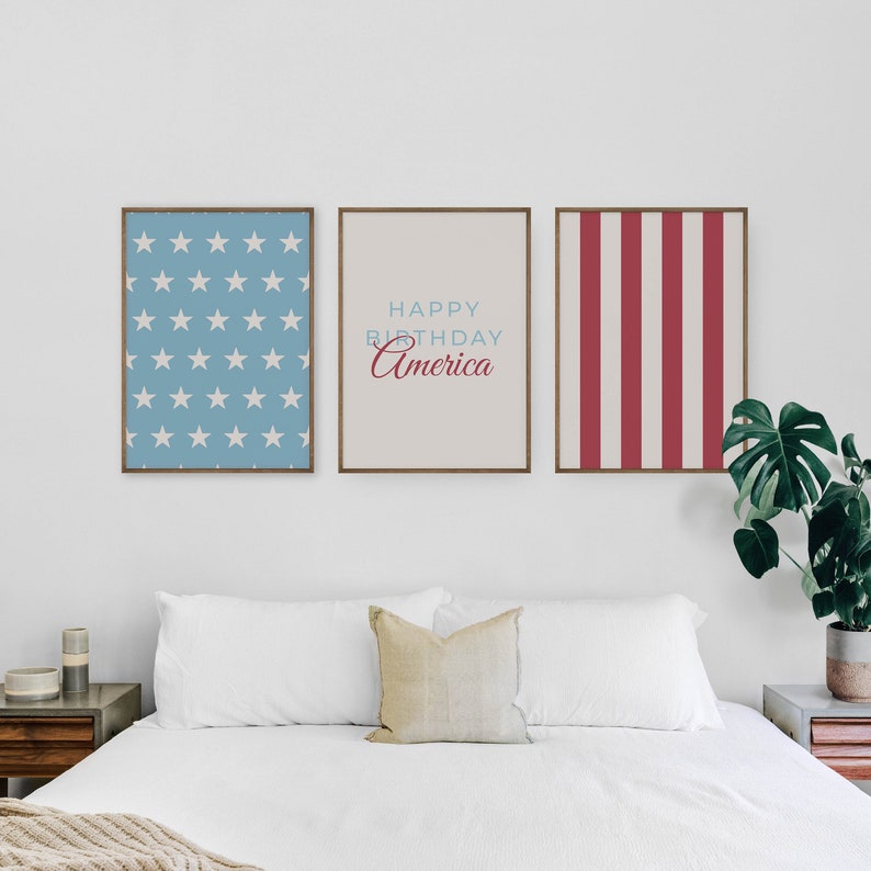 Conjunto de 3 artes de parede "Feliz Aniversário, América", arte para impressão sobre o 4 de julho, decoração patriótica, impressões de arte do Dia da Independência, DOWNLOAD DIGITAL INSTANTÂNEO imagem 9