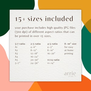 Pode incluir: Um gr&aacute;fico branco e verde com o texto "15+ tamanhos inclu&iacute;dos" e uma lista de diferentes tamanhos e propor&ccedil;&otilde;es para downloads digitais. O texto tamb&eacute;m diz "sua compra inclui arquivos JPG de alta qualidade (300 dpi) de diferentes propor&ccedil;&otilde;es de aspecto que podem ser impressos em mais de 15 tamanhos."