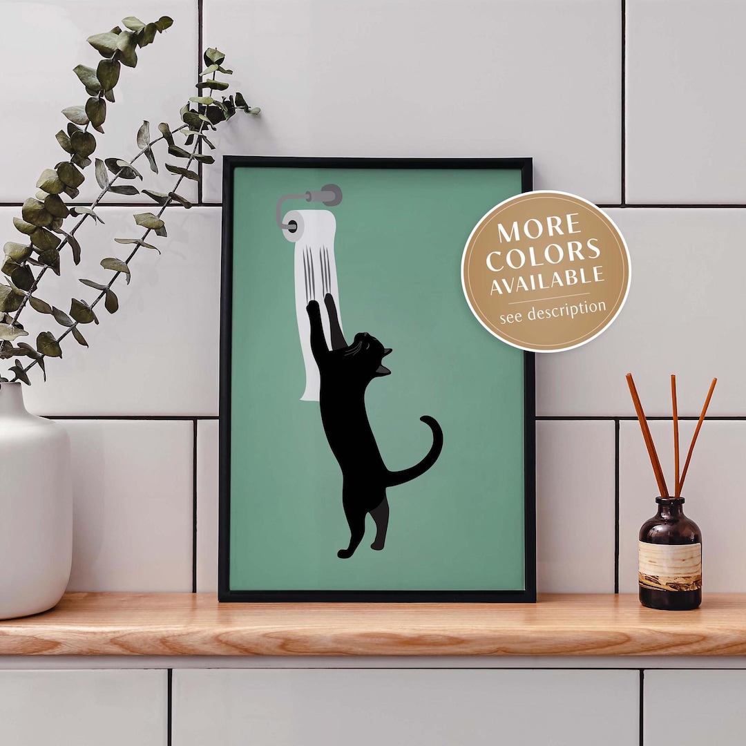 Bathroom Cat Wall Art Print, Black Cat Clawing Toilet Paper, Funny ...