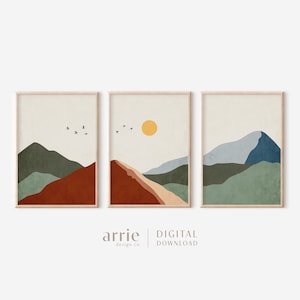 Mountain Wall Art Set of 3, Mountain Landscape Art, Mid Century Modern Prints, Boho Living Room Art, Cabin Decor, Printable DIGITAL DOWNLOAD