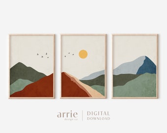 3er Set Berg, Berg Landschaft Kunst, Mid Century Modern Prints, Boho Wohnzimmer Kunst, Cabin Decor, printable DIGITAL DOWNLOAD