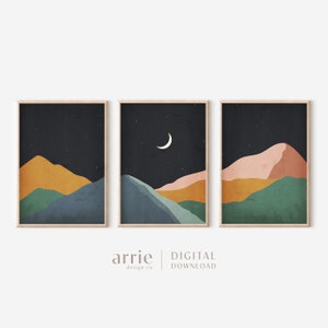Moon Mountain Wall Art Set, Night Mountains Print Set, Landscape Art, Mid Century Modern Wall Art, Boho Prints, Cabin Decor,DIGITAL DOWNLOAD