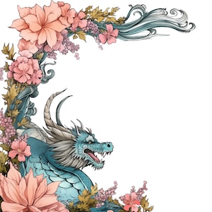 May include: A blue dragon with a pink and white floral design. The dragon is facing right and has its mouth open. The floral design is in the upper left corner of the image.