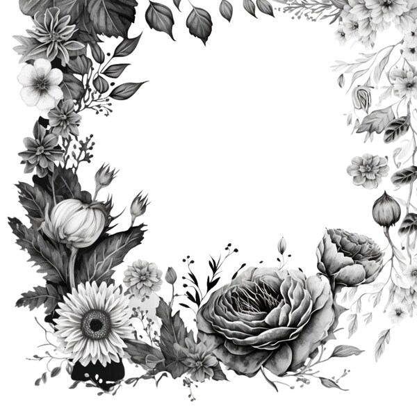 Enchanting Monochrome Floral Border PNG, Elegant Black & White Flower Frame - Versatile Digital Design for Invitations, Scrapbooking, More!