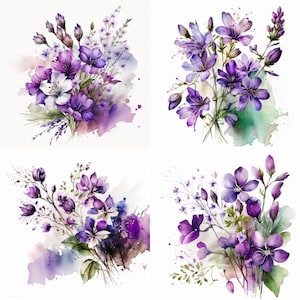 May include: Four watercolor paintings of purple flowers with green stems and leaves. The flowers are arranged in bouquets and have a soft, romantic feel.