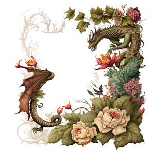 Vintage Dragon Floral Border PNG - Mythical Flower Frame - Invitations, Scrapbooking, Home Decor & Enchanting Designs!