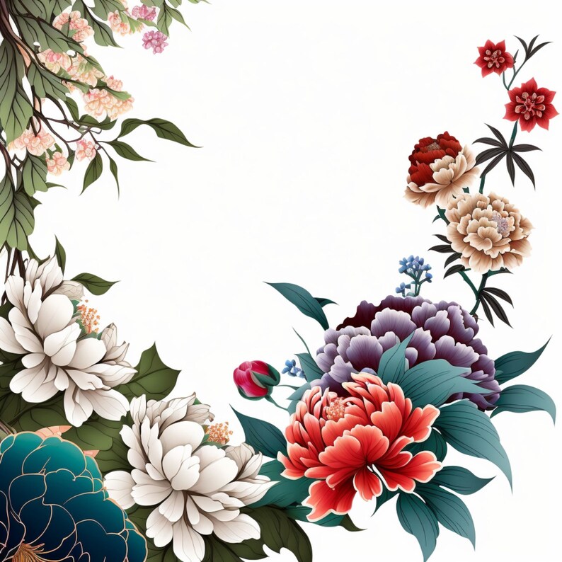 Japanese Roses Border Japanese Art Floral Border PNG - Elegant Flower Frame - Invitations ...