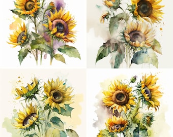 4 Sunflower Watercolor Clipart Bundle - High-Res Digital JPGs, Vibrant Floral Clipart, Printable Craft Images, Instant Download for Projects