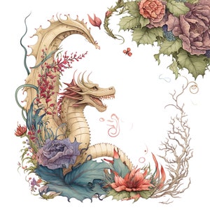 Vintage Dragon Floral Border PNG - Mythical Flower Frame - Invitations, Scrapbooking, Home Decor & Enchanting Designs!