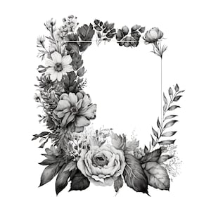 Puede incluir: Una ilustración de acuarela en blanco y negro de un marco floral con rosas, hojas y otras flores. El marco está vacío y listo para texto o una imagen.