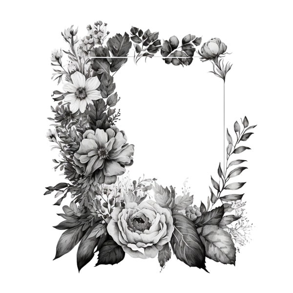 Enchanting Monochrome Floral Border PNG, Elegant Black & White Flower Frame - Versatile Digital Design for Invitations, Scrapbooking, More!