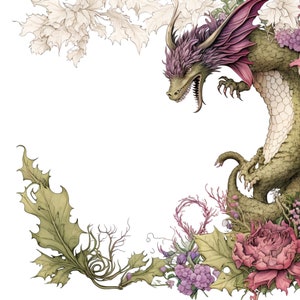 Vintage Dragon Floral Border PNG - Mythical Flower Frame - Invitations, Scrapbooking, Home Decor & Enchanting Designs!