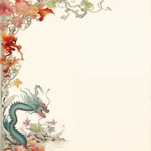 May include: An illustration featuring a teal dragon with a red mane and open mouth, surrounded by autumn-colored leaves and vines. The dragon is positioned near a body of water, with a cream-colored background.
