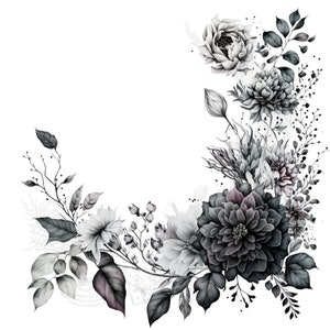 Frontière florale monochrome enchanteresse PNG, cadre élégant de fleurs noir et blanc - conception numérique polyvalente pour les invitations, le scrapbooking, plus encore !