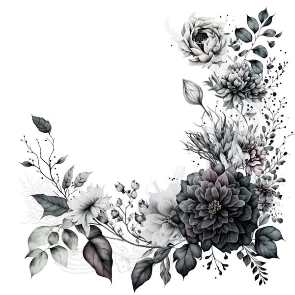 Enchanting Monochrome Floral Border PNG, Elegant Black & White Flower Frame - Versatile Digital Design for Invitations, Scrapbooking, More!