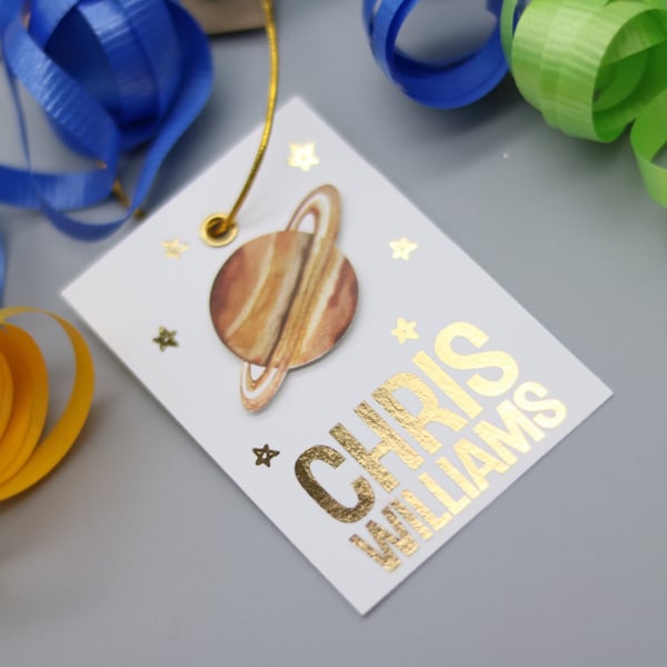 Custom Outer Space Tag, Personalized Foil Gift Tag, Saturn Foil Gift Tag, Planet Name Tag, Galaxy Gift Tag, Space Gift Tag, Gold Foil Tag