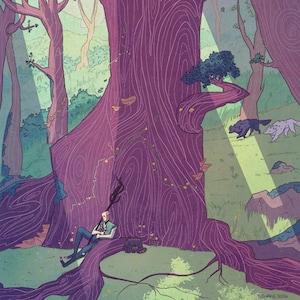 Puede incluir: Un hombre se sienta con un bastón apoyado en un gran árbol morado en un bosque. El sol brilla a través de los árboles, iluminando la escena. Dos lobos corren por la hierba en el fondo.