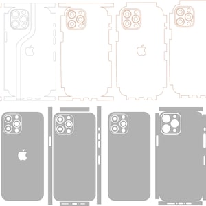 May include: A set of phone case templates in various colors, including gold, silver, gray, white, yellow, and blue. The templates are for a phone with a triple camera lens and a centered Apple logo.