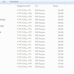 Puede incluir: Una captura de pantalla de una ventana de explorador de archivos que muestra una lista de archivos DXF con sus nombres, fechas de modificación, tipo de archivo y tamaños en kilobytes.