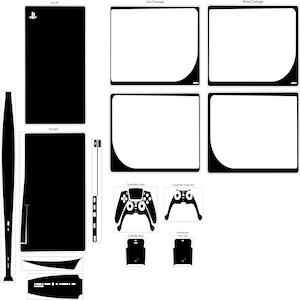 May include: A black and white diagram showing different skin coverage options for a PlayStation 5 console and controller skin. The diagram shows the console's front, back, and sides, as well as the controller's front and back.