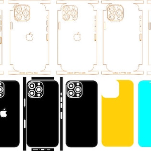 May include: A set of phone skins for the iPhone Pro Max. The skins are in various colors, including black, white, yellow, and blue. The skins are designed to protect the phone from scratches and damage.