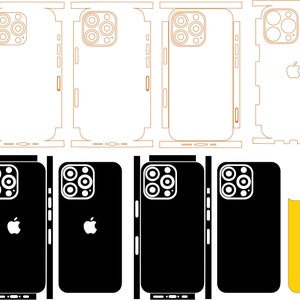 Puede incluir: Un conjunto de plantillas de carcasa de teléfono para un teléfono inteligente con una lente de cámara triple. Las plantillas son de diferentes colores, incluyendo negro, blanco y dorado. Las plantillas son para un diseño de carcasa de teléfono.