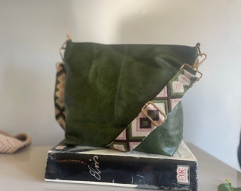 Vegan Leather Purse with Strap / Vintage Green/ Leather Bag / Hobo Bag / Large Hobo Purse / Gold Hardware / Removeable Strap