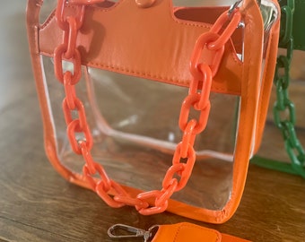 Stadium approved purse / orange game day purse / Stadium bag / Game day strap chain / silver hardware / Concert bag / Orange game day purse