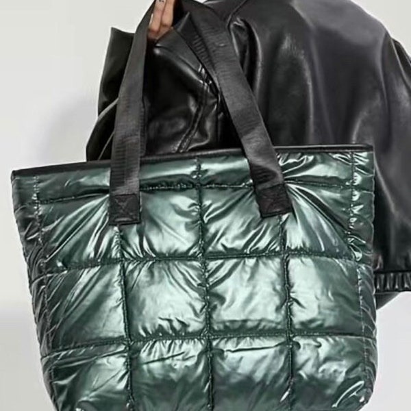 Large Quilted Tote Bag, Dark Green/Metallic. Large Shoulder Bag, Carry-on Bag, Quilted Purse. PERFECT to Gift or Keep. Puffer Bag.