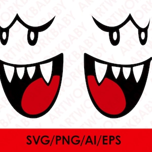 May include: A black and white illustration of a cartoon ghost with a wide open mouth and sharp teeth. The ghost has a red tongue and closed eyes with eyelashes.