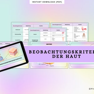 Puede incluir: Una descarga digital de un documento PDF imprimible con información sobre la anatomía de la piel y los criterios de observación. El documento se titula "Beobachtungskriterien der Haut" y presenta un diagrama de las capas de la piel y una enfermera señalando el diagrama.