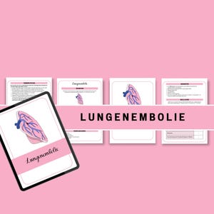 Può includere: Un tablet digitale che mostra un diagramma di un polmone con un coagulo di sangue nell'arteria polmonare. Il testo "Lungenembolie" è visibile sullo schermo del tablet. L'immagine include anche quattro pagine stampate con informazioni sull'embolia polmonare.