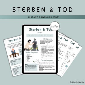 Könnte beinhalten: Ein digitales PDF-Dokument mit dem Titel Sterben & Tod, das 13 Seiten mit Bildungsinhalten zum Sterbeprozess enthält. Die Seiten zeigen Illustrationen einer Person am Grab und eines älteren Menschen sowie Text zu Symptomen und Ethik.