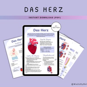 Puede incluir: Un documento educativo digital en formato PDF titulado Das Herz que presenta ilustraciones anatómicas del corazón humano, texto descriptivo en alemán y diagramas médicos que explican la función cardíaca en 27 páginas.