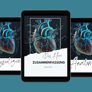 Op de afbeelding: Drie digitale tabletschermen die een 3D-weergave van een menselijk hart laten zien met spattend water eromheen. De tekst op de schermen luidt "Das Herz ZUSAMMENFASSUNG" en "Physiologie" en "Anatomie".