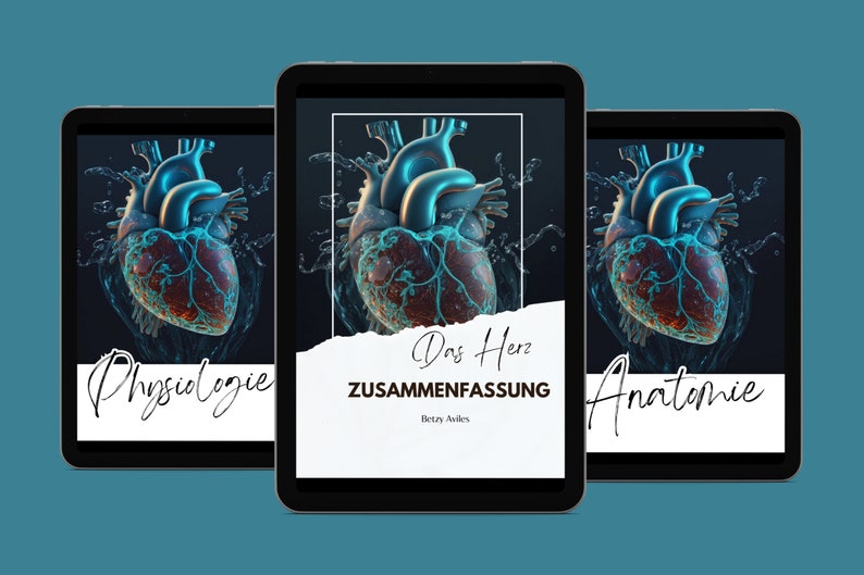 Op de afbeelding: Drie digitale tabletschermen die een 3D-weergave van een menselijk hart laten zien met spattend water eromheen. De tekst op de schermen luidt "Das Herz ZUSAMMENFASSUNG" en "Physiologie" en "Anatomie".